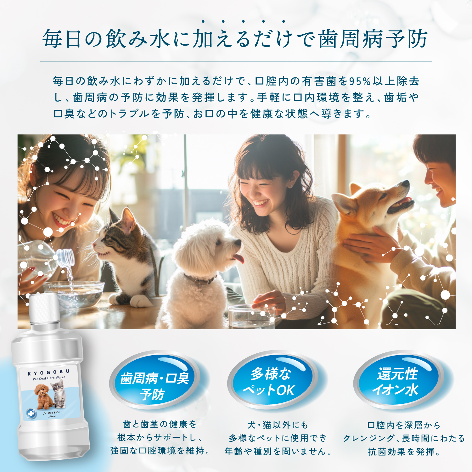 KYOGOKU ペット 口腔ケアウォーター 犬用 猫用 液体歯磨き デンタルケア 歯石取り 歯垢除去 口臭ケア 飲み水にまぜるだけ